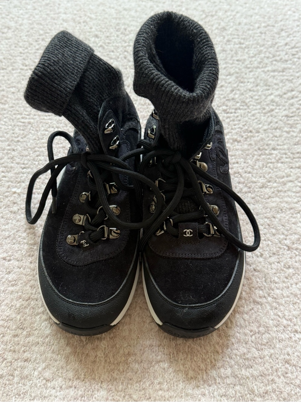 CHANEL NEW women’s  Black Suede Lace-Up Knit Cuff Boots new never worn